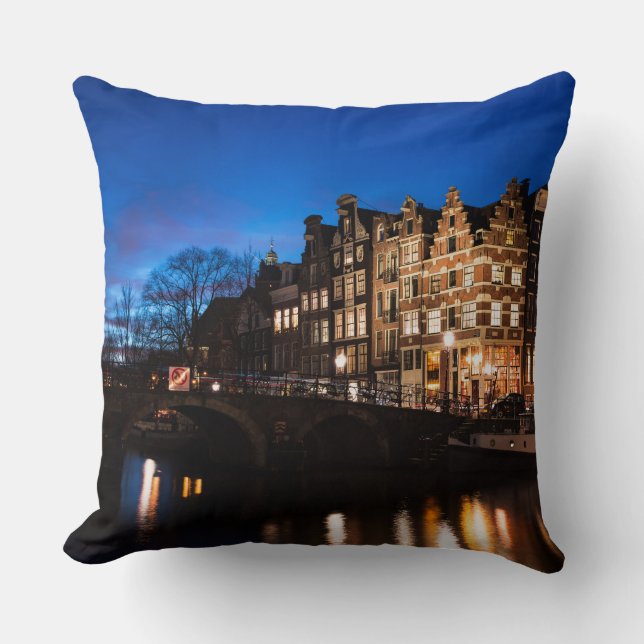 Amsterdam canal houses at night throw pillow (Front)