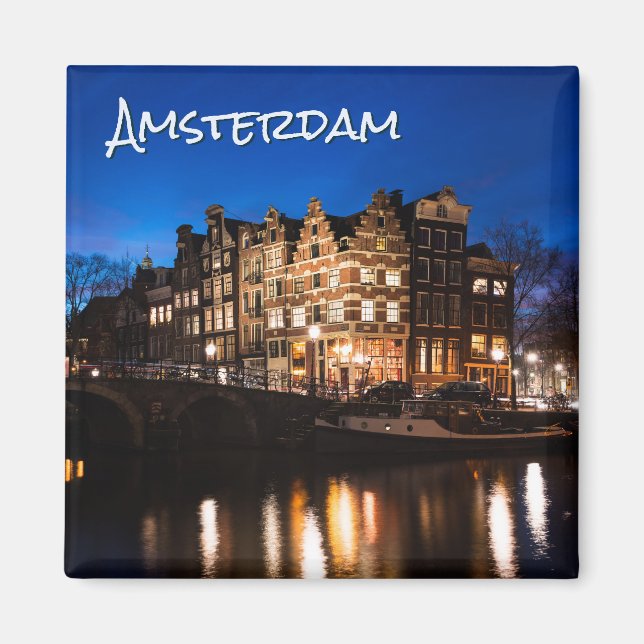 Amsterdam canal houses at night with text magnet (Front)