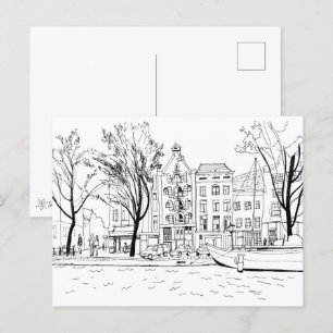 Amsterdam Canal Houses Black and White Sketch Postcard