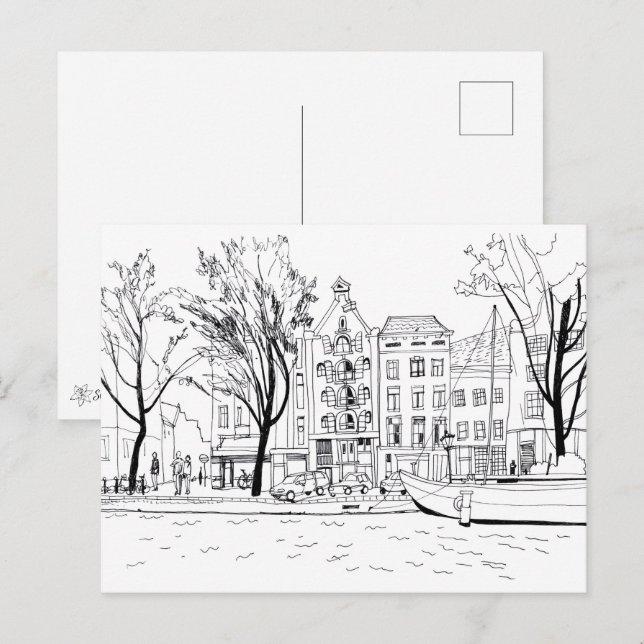 Amsterdam Canal Houses Black and White Sketch Postcard (Front/Back)