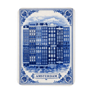 Amsterdam canal houses Delft Blue style magnet