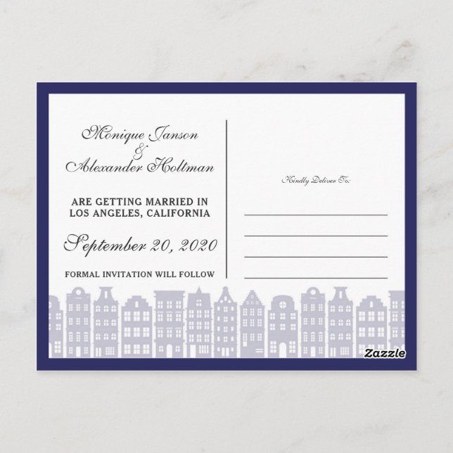 Amsterdam Canal Houses Dutch Save The Date Blue Postcard (Back)