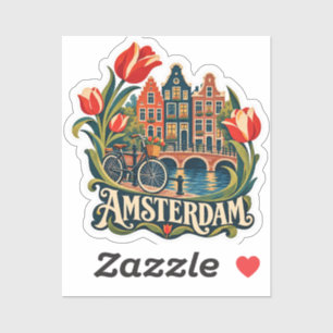 Amsterdam Canal Houses Tulips Bicycle Travel Art Sticker