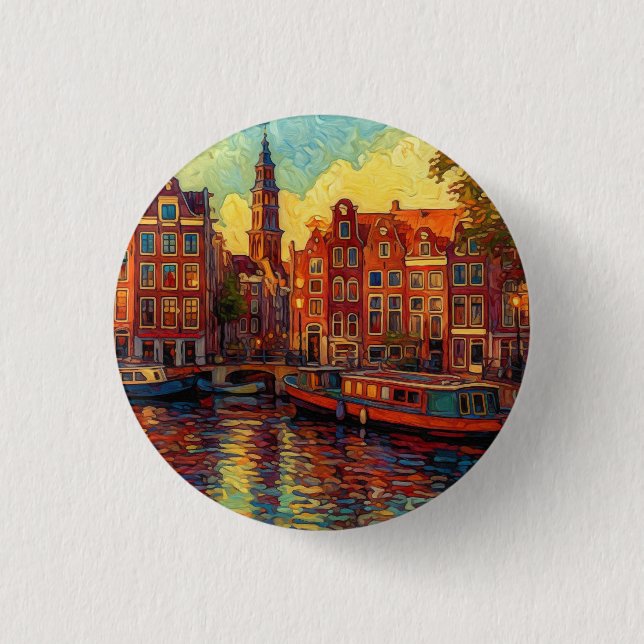 Amsterdam canal houses van Gogh style Button (Front)