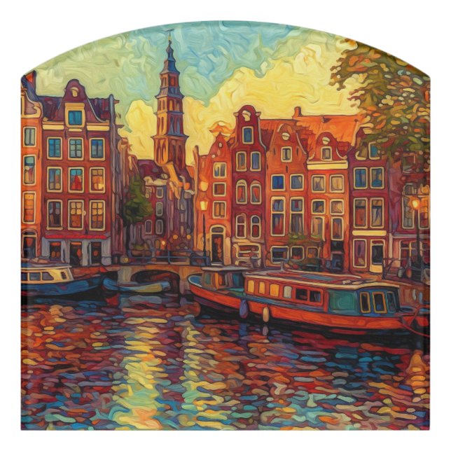 Amsterdam canal houses van Gogh style Door Sign (Contour Front)