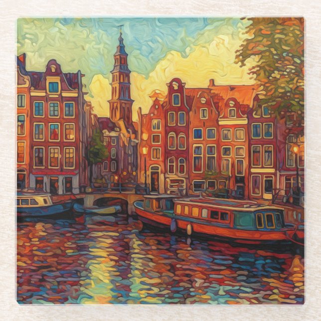 Amsterdam canal houses van Gogh style Glass Coaster (Front)