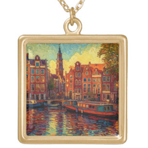 Amsterdam canal houses van Gogh style Gold Plated Necklace