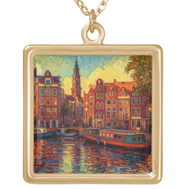 Amsterdam canal houses van Gogh style Gold Plated Necklace (Front)