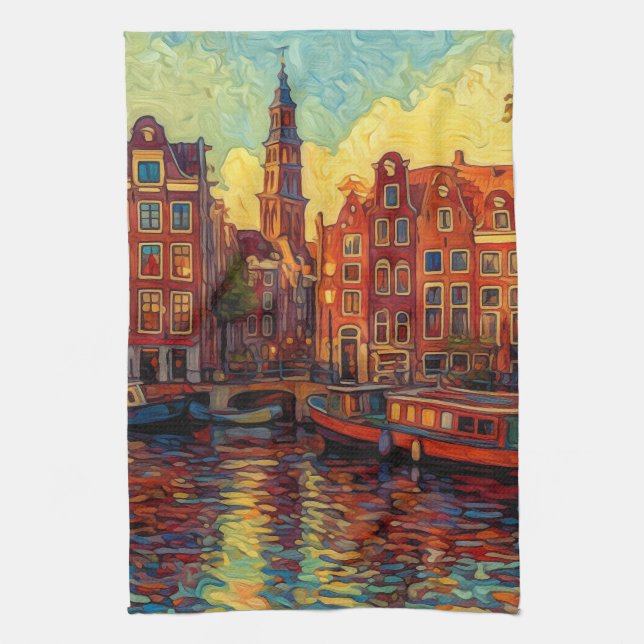 Amsterdam canal houses van Gogh style Kitchen Towel (Vertical)