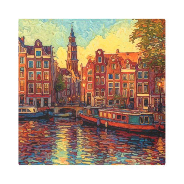 Amsterdam canal houses van Gogh style Metal Print (Front)