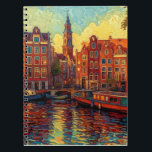 Amsterdam canal houses van Gogh style Notebook<br><div class="desc">a beautiful painting in van Gogh style of the canal houses and houseboats in Amsterdam</div>