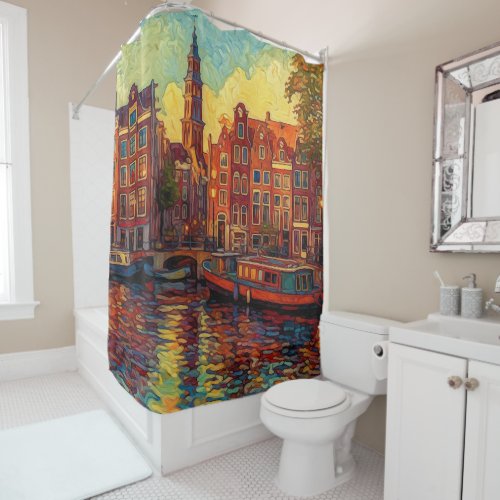 Amsterdam canal houses van Gogh style Shower Curtain