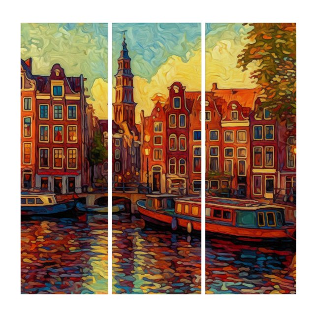 Amsterdam canal houses van Gogh style Triptych (Front)