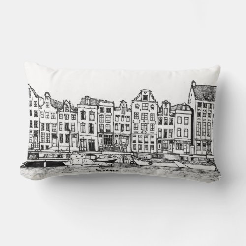 Amsterdam Canal Netherlands Cityscape Illustration Lumbar Pillow