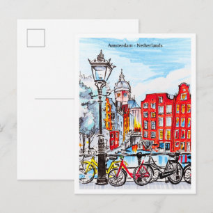 Amsterdam Canal Netherlands Sketch Postcard