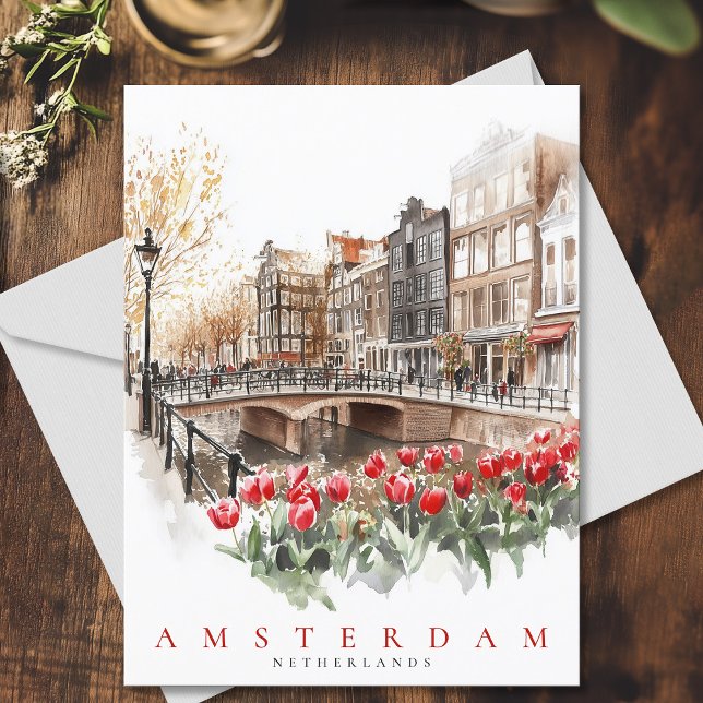 Amsterdam Canal Red Tulips Watercolor Travel Postcard (Amsterdam Canal Red Tulips Watercolor Travel Postcard)