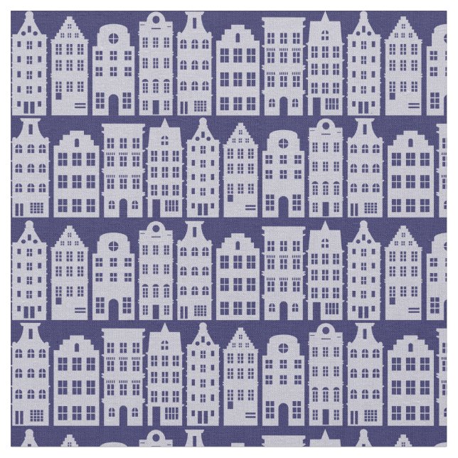 Amsterdam Canal Row Houses Cobalt Blue Pattern Fabric (Close Up)