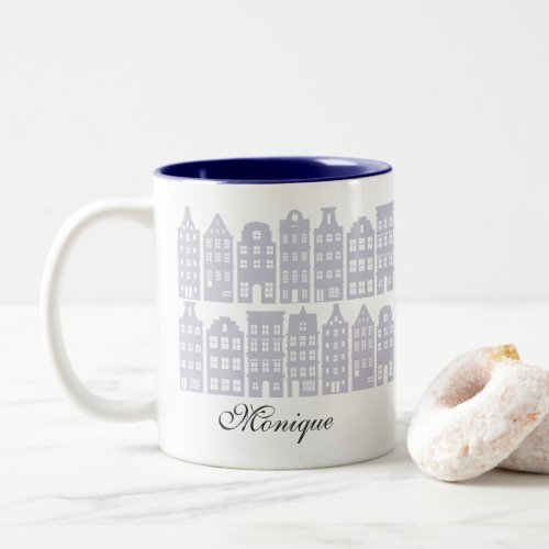 Amsterdam Canal Row Houses Personalized Light Blue Two_Tone Coffee Mug