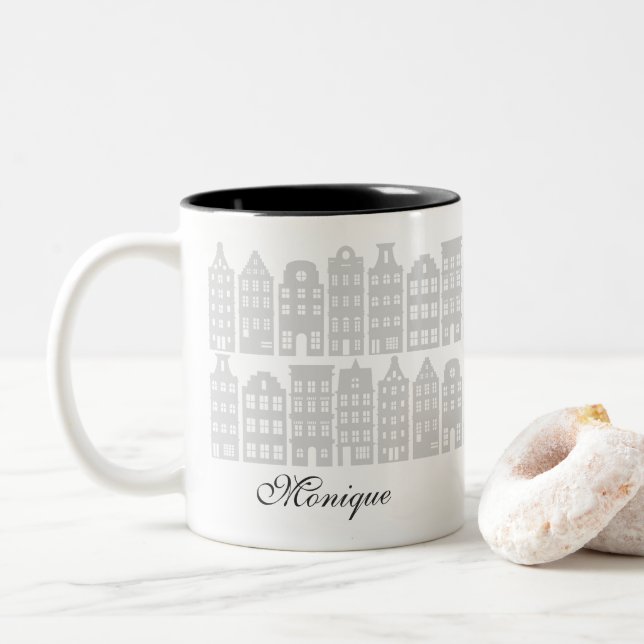 Amsterdam Canal Row Houses Personalized Silver Two-Tone Coffee Mug (With Donut)