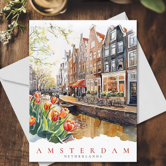 Amsterdam Canal Spring Time Watercolor Travel Postcard