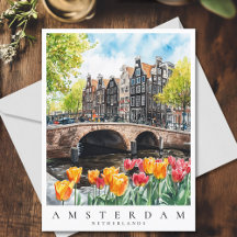 Amsterdam Canal Tulips in Spring Watercolor Travel