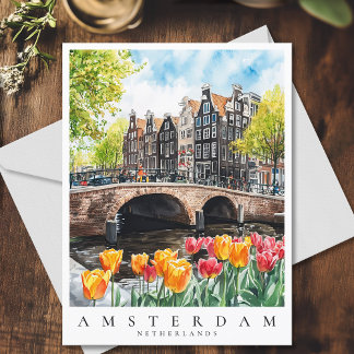 Amsterdam Canal Tulips in Spring Watercolor Travel Postcard