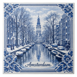 Amsterdam canal winter Delft Blue style tile