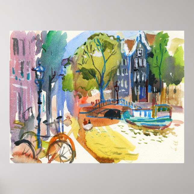 Amsterdam Canal with Bicycles Watercolor Wall Art (Front)