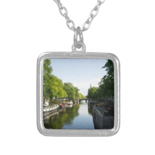 Amsterdam Canal with Boats and Bridge Photo Silver Plated Necklace