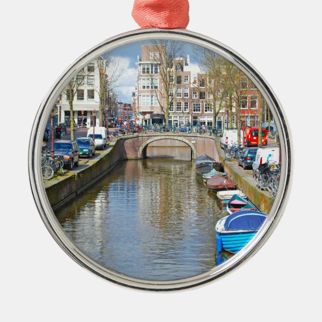 Amsterdam Canal with boats Metal Ornament (Front)