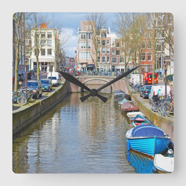 Amsterdam Canal with boats Square Wall Clock (Front)