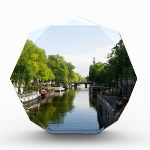 Amsterdam Canal with Houseboats and Lush Trees Award