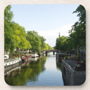 Amsterdam Canal with Houseboats and Lush Trees Drink Coaster