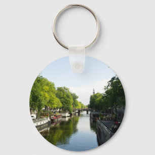 Amsterdam Canal with Houseboats and Lush Trees Keychain