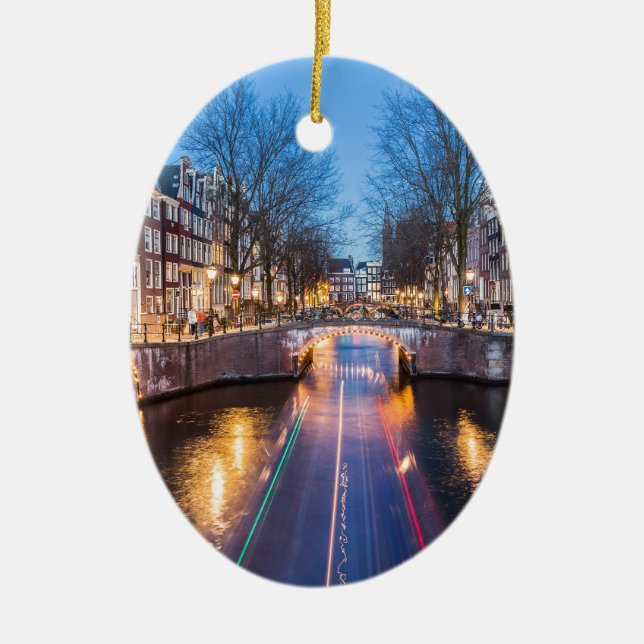Amsterdam Canals at Night Ceramic Ornament (Front)