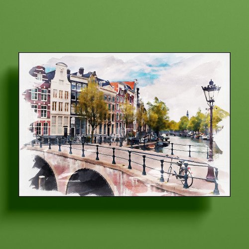 Amsterdam canals vintage retro watercolor travel poster