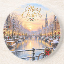 Amsterdam Christmas Winter Canal Round Coaster