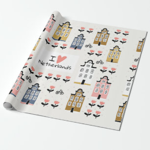 Amsterdam city architecture bicycles tulips seamle wrapping paper