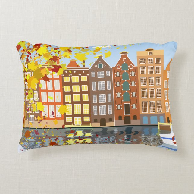 Amsterdam City Canal Autumn Colorful Accent Pillow (Front)