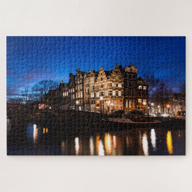 Amsterdam city canal houses at night jigsaw puzzle (Horizontal)