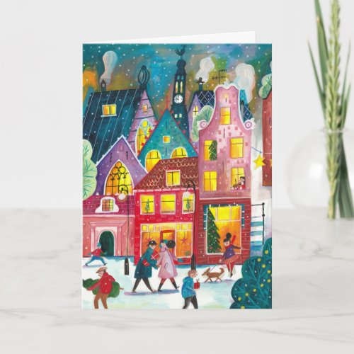 Amsterdam city in the snow illustration Christmas Holiday Card
