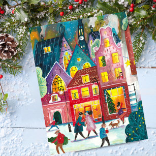 Amsterdam city in the snow illustration Christmas  Holiday Postcard