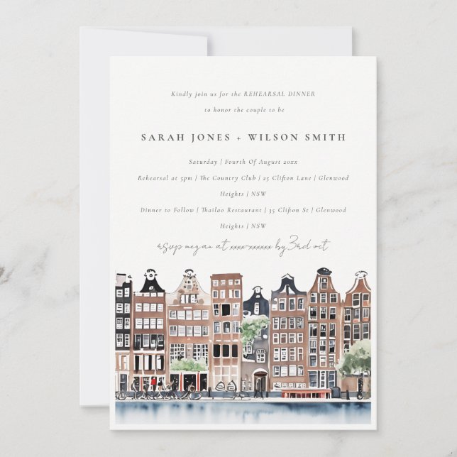 Amsterdam Dutch Canal Landscape Rehearsal Dinner Invitation (Front)