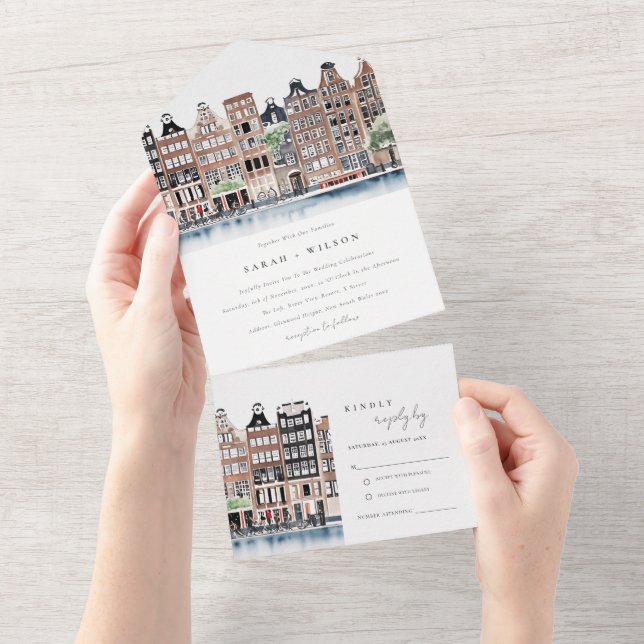 Amsterdam Dutch Canal Watercolor Landscape Wedding All In One Invitation (Tearaway)
