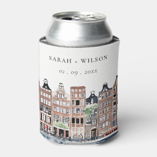 Amsterdam Dutch Canal Watercolor Landscape Wedding Can Cooler
