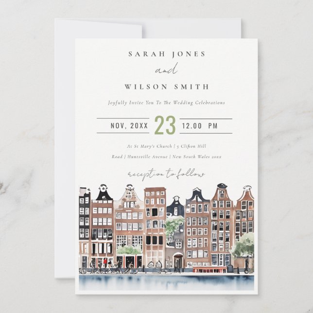 Amsterdam Dutch Canal Watercolor Landscape Wedding Invitation (Front)