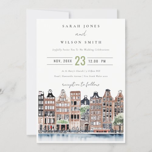 Amsterdam Dutch Canal Watercolor Landscape Wedding Invitation