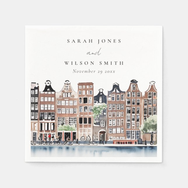 Amsterdam Dutch Canal Watercolor Landscape Wedding Napkins (Front)