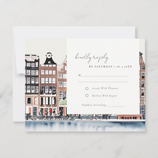 Amsterdam Dutch Canal Watercolor Landscape Wedding RSVP Card (Front)