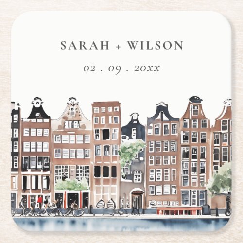 Amsterdam Dutch Canal Watercolor Landscape Wedding Square Paper Coaster